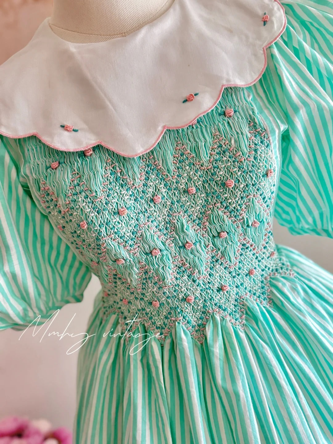 Mint Green Petal Baby Doll Collar and Puff Sleeves Embroidered Little Roses Vintage Elegant A-skirt Delicate Short chiffon Homecoming Dress Prom Dress Evening Dress garden Party Dress Prom Dress Wedding Flower Girl Dress nv4100