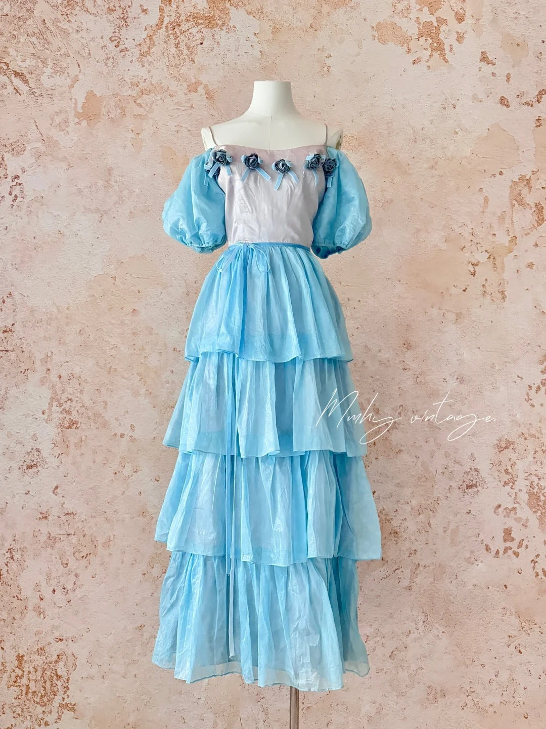 Blaues Eisrosen-Kuchenkleid, Retro, süß, niedlich, modisch, Puffärmel, Rüschen, Prinzessinnenkleid, langer Kuchenrock, Tüll, Chiffon, Ballkleid, Abendkleid, Geburtstagskleid für Erwachsene, Zeremonie, Partykleid, nv4091