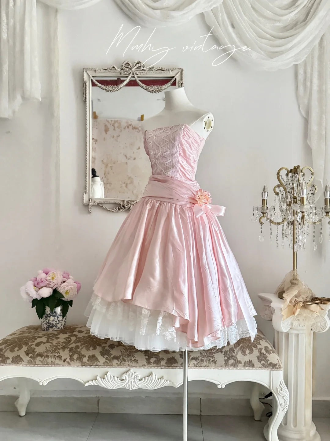 Pale Pink Retro Floral Elegant A-skirt Exquisite Sequin Midi/Short satin Homecoming Dress Prom Dress Evening Dress Birthday Party Dress Prom Dress Wedding Dress Quinceanera Dress nv4101