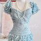 Haze blue retro sweet cute fashion pleated heavy feather tulle gauze small dress short prom dress evening dress birthday party dress nv4089