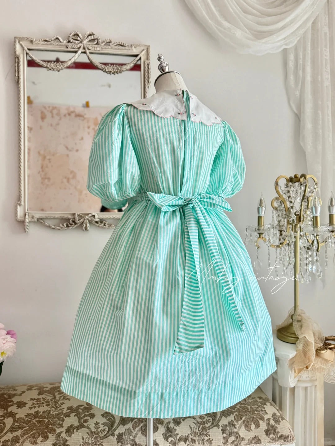 Mint Green Petal Baby Doll Collar and Puff Sleeves Embroidered Little Roses Vintage Elegant A-skirt Delicate Short chiffon Homecoming Dress Prom Dress Evening Dress garden Party Dress Prom Dress Wedding Flower Girl Dress nv4100