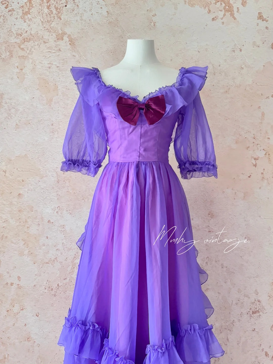 Grape Purple Retro Fashion Cute Puff Sleeves Wood Ear Edge Long Tulle Chiffon Ball Gown Evening Gown Birthday Adult Ceremony Party Gown nv4093