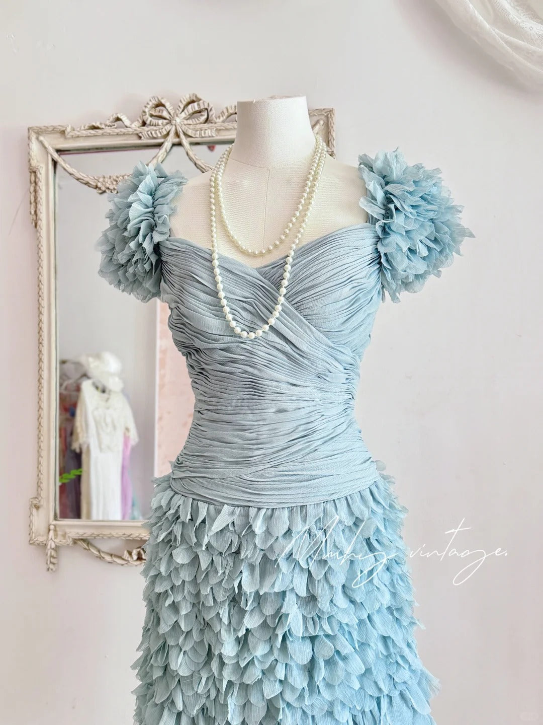 Haze blue retro sweet cute fashion pleated heavy feather tulle gauze small dress short prom dress evening dress birthday party dress nv4089