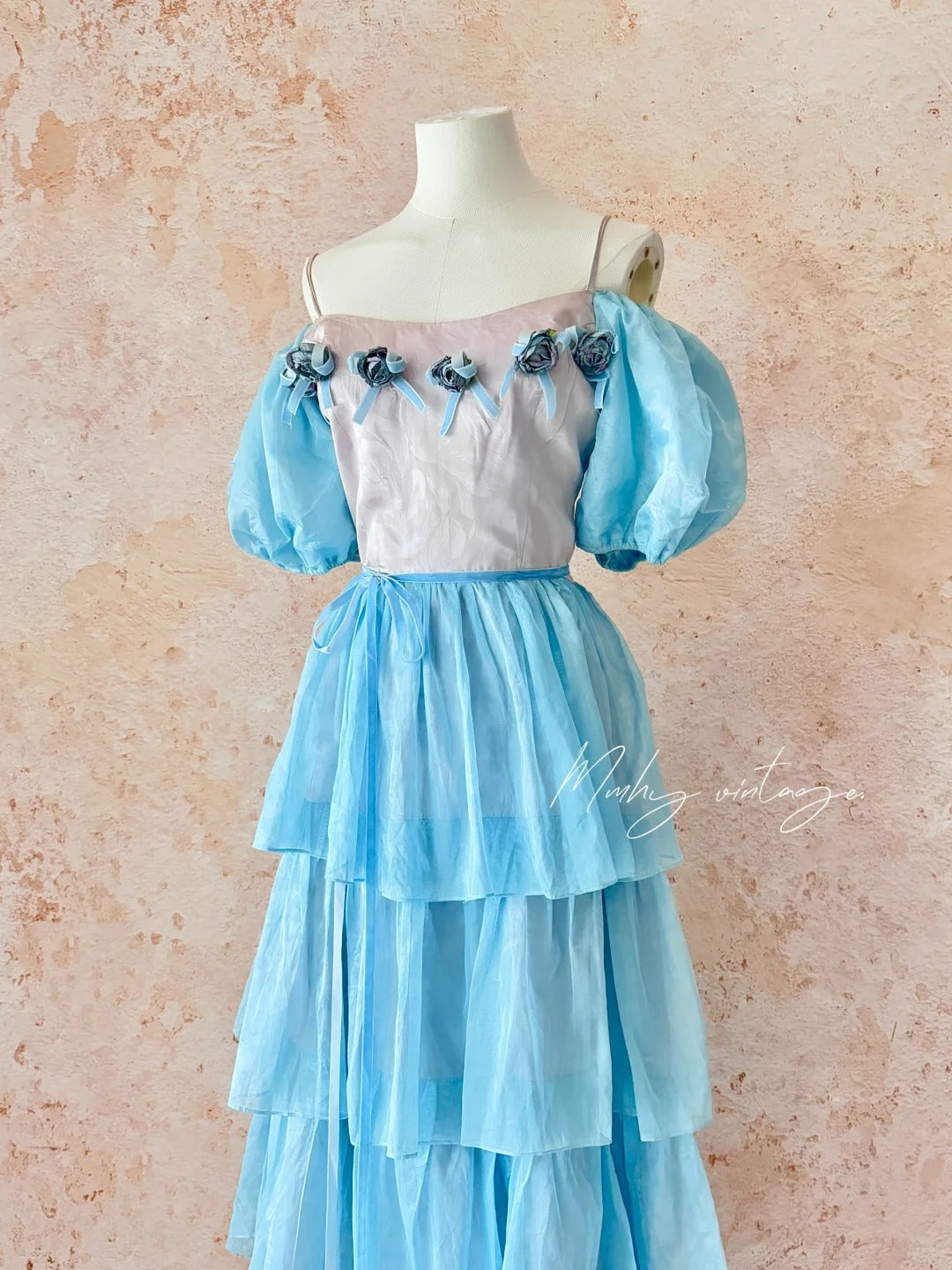 Blaues Eisrosen-Kuchenkleid, Retro, süß, niedlich, modisch, Puffärmel, Rüschen, Prinzessinnenkleid, langer Kuchenrock, Tüll, Chiffon, Ballkleid, Abendkleid, Geburtstagskleid für Erwachsene, Zeremonie, Partykleid, nv4091