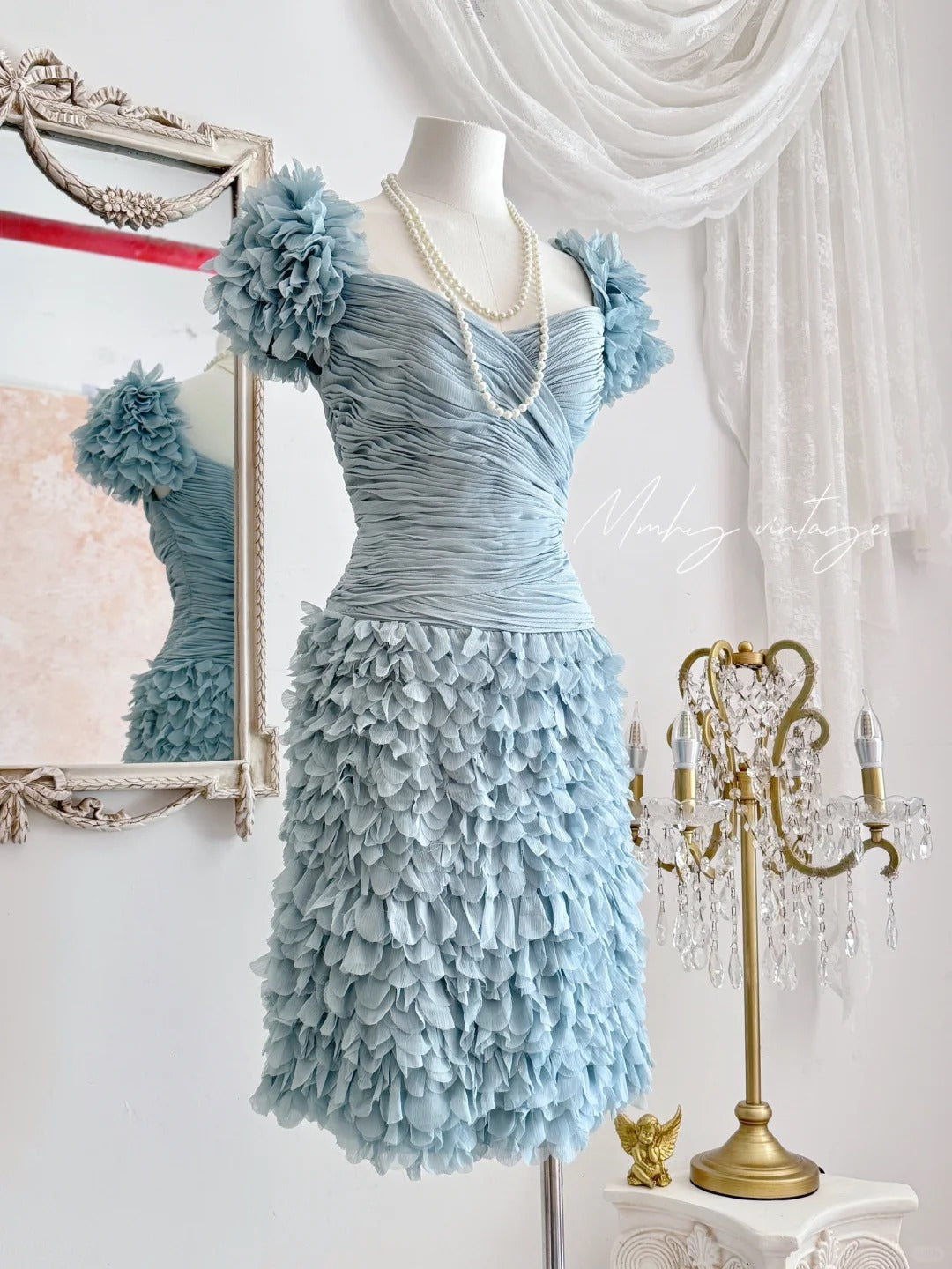 Haze blue retro sweet cute fashion pleated heavy feather tulle gauze small dress short prom dress evening dress birthday party dress nv4089