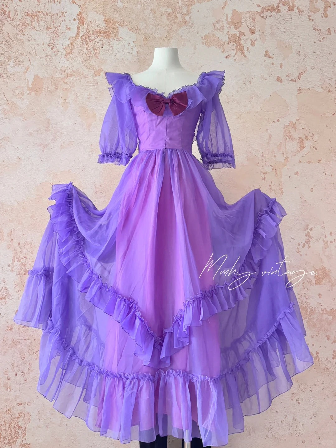 Grape Purple Retro Fashion Cute Puff Sleeves Wood Ear Edge Long Tulle Chiffon Ball Gown Evening Gown Birthday Adult Ceremony Party Gown nv4093