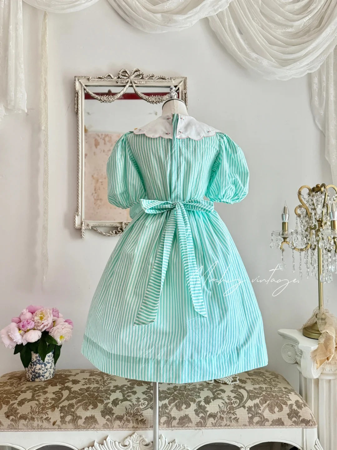 Mint Green Petal Baby Doll Collar and Puff Sleeves Embroidered Little Roses Vintage Elegant A-skirt Delicate Short chiffon Homecoming Dress Prom Dress Evening Dress garden Party Dress Prom Dress Wedding Flower Girl Dress nv4100