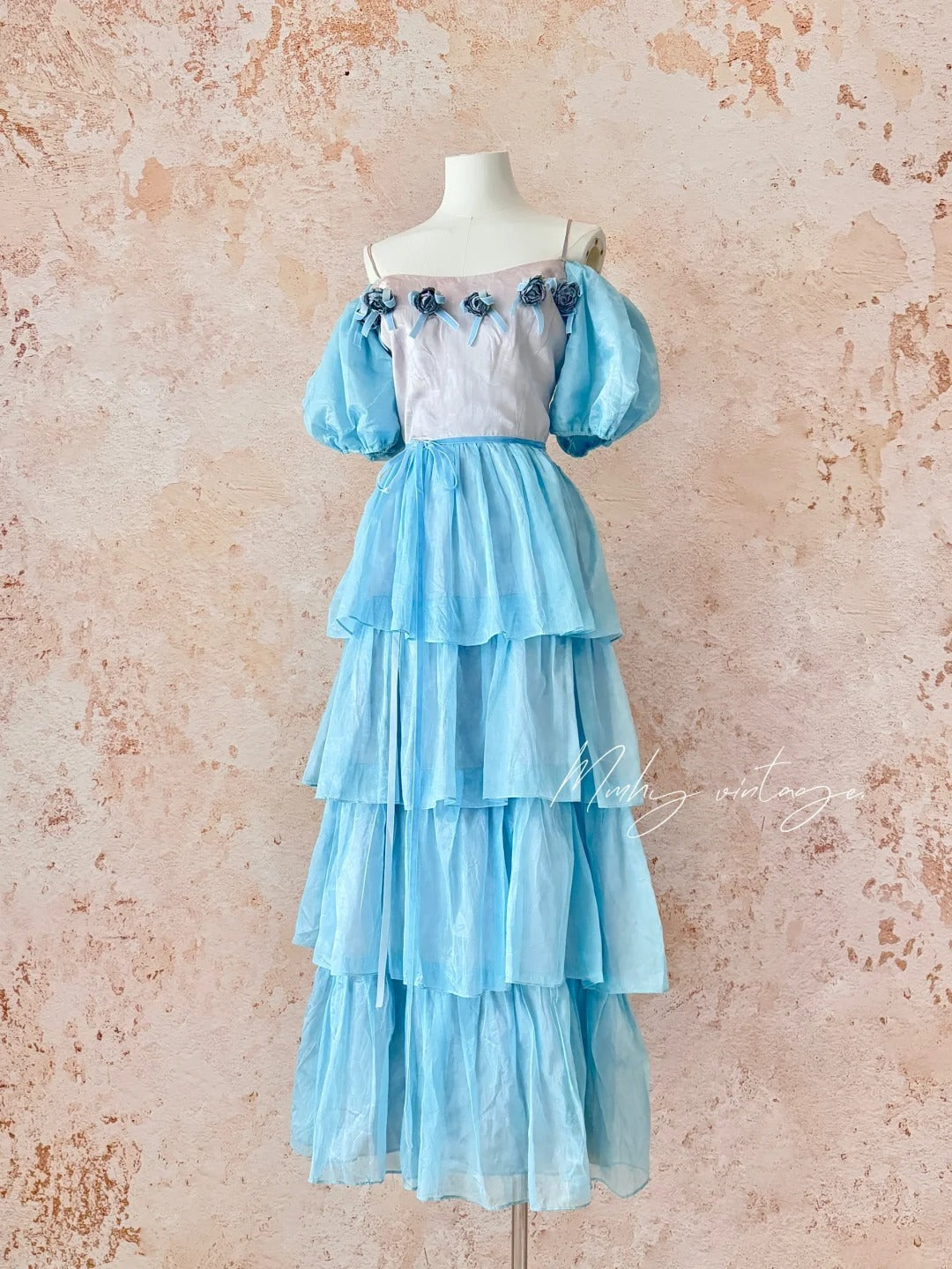 Blaues Eisrosen-Kuchenkleid, Retro, süß, niedlich, modisch, Puffärmel, Rüschen, Prinzessinnenkleid, langer Kuchenrock, Tüll, Chiffon, Ballkleid, Abendkleid, Geburtstagskleid für Erwachsene, Zeremonie, Partykleid, nv4091