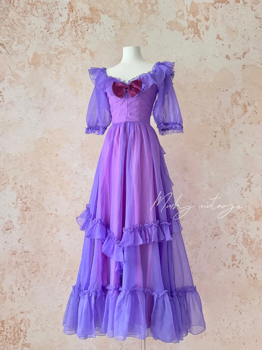 Grape Purple Retro Fashion Cute Puff Sleeves Wood Ear Edge Long Tulle Chiffon Ball Gown Evening Gown Birthday Adult Ceremony Party Gown nv4093