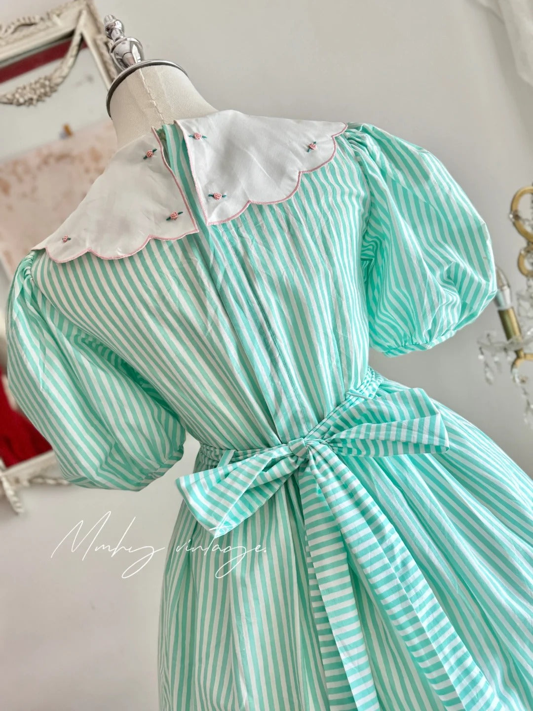 Mint Green Petal Baby Doll Collar and Puff Sleeves Embroidered Little Roses Vintage Elegant A-skirt Delicate Short chiffon Homecoming Dress Prom Dress Evening Dress garden Party Dress Prom Dress Wedding Flower Girl Dress nv4100