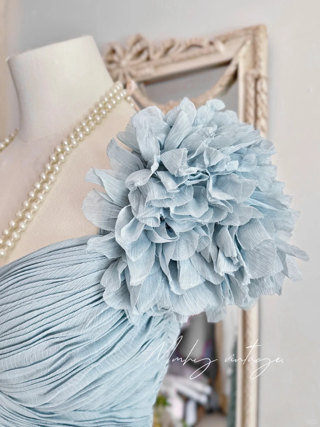 Haze blue retro sweet cute fashion pleated heavy feather tulle gauze small dress short prom dress evening dress birthday party dress nv4089