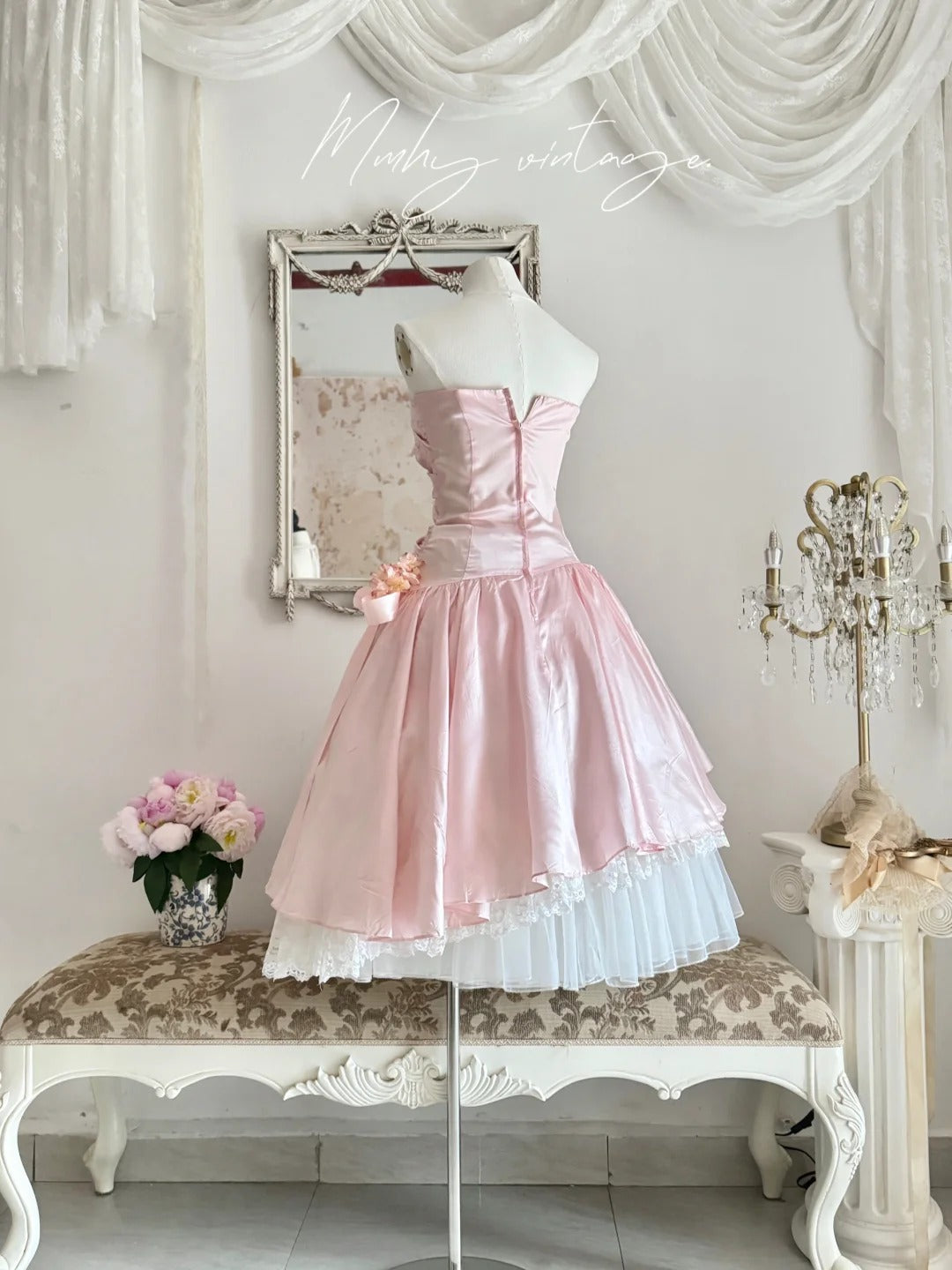 Pale Pink Retro Floral Elegant A-skirt Exquisite Sequin Midi/Short satin Homecoming Dress Prom Dress Evening Dress Birthday Party Dress Prom Dress Wedding Dress Quinceanera Dress nv4101