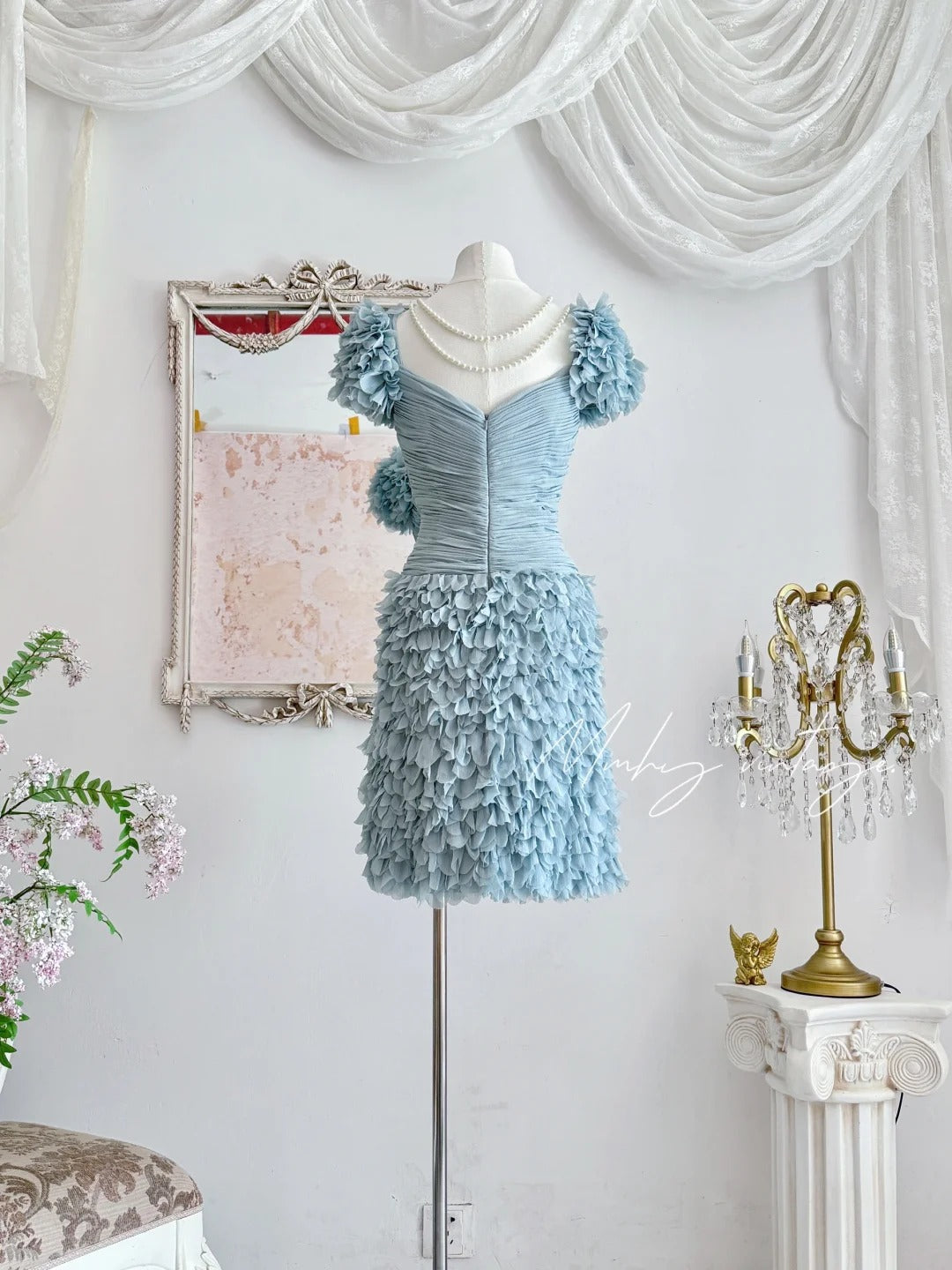 Haze blue retro sweet cute fashion pleated heavy feather tulle gauze small dress short prom dress evening dress birthday party dress nv4089