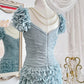 Haze blue retro sweet cute fashion pleated heavy feather tulle gauze small dress short prom dress evening dress birthday party dress nv4089