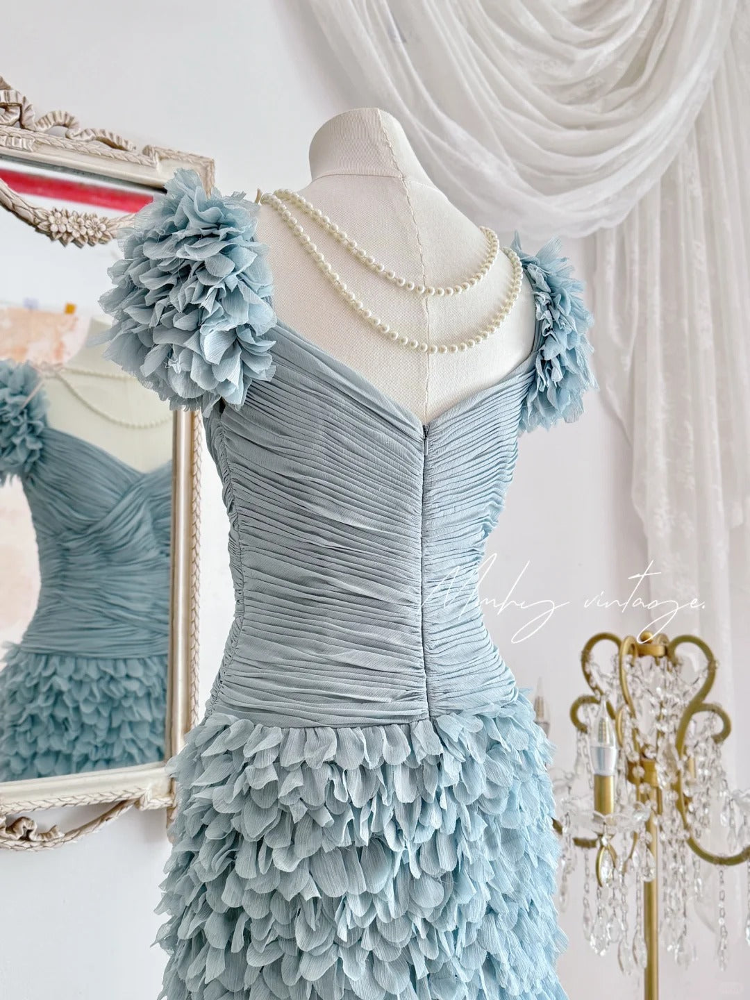 Haze blue retro sweet cute fashion pleated heavy feather tulle gauze small dress short prom dress evening dress birthday party dress nv4089