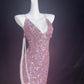 A rose pink, pearl-embellished, elegant, slim-fitting retro short homecoming dress for a party or dinner nv5225