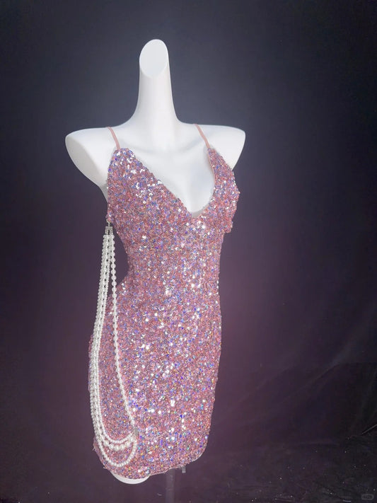 A rose pink, pearl-embellished, elegant, slim-fitting retro short homecoming dress for a party or dinner nv5225