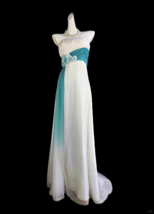 Robe de soirée longue en mousseline de soie, élégante, vintage, blanche et bleue, longueur au sol, robe de demoiselle d'honneur, nv5236