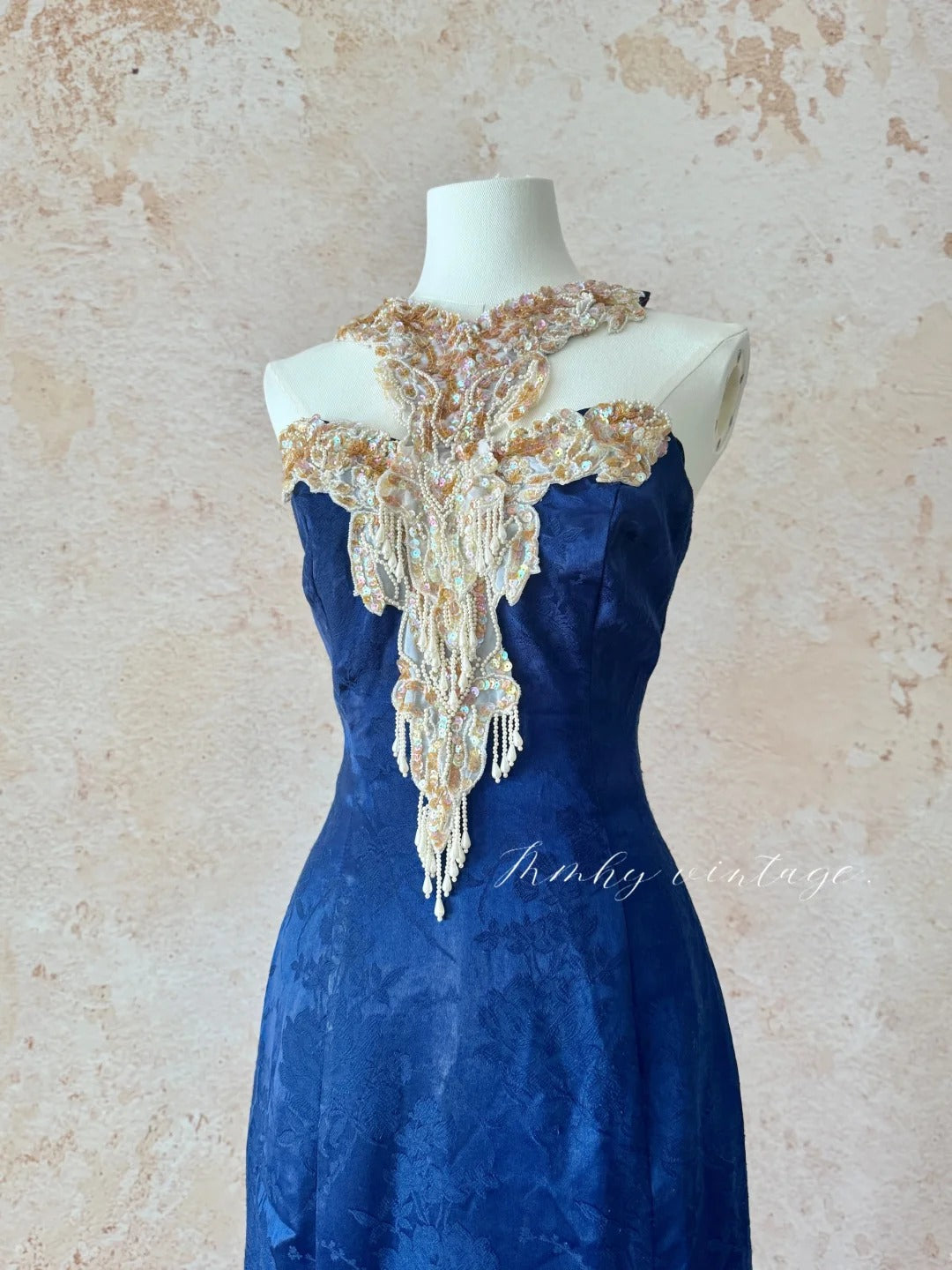 Blue Retro Elegant Halter Neck Exquisite Sequins Pearl Tassel Long Slim Sexy Prom Dress Evening Dress Adult Ceremony Dress Birthday Dress Prom Dress nv4098