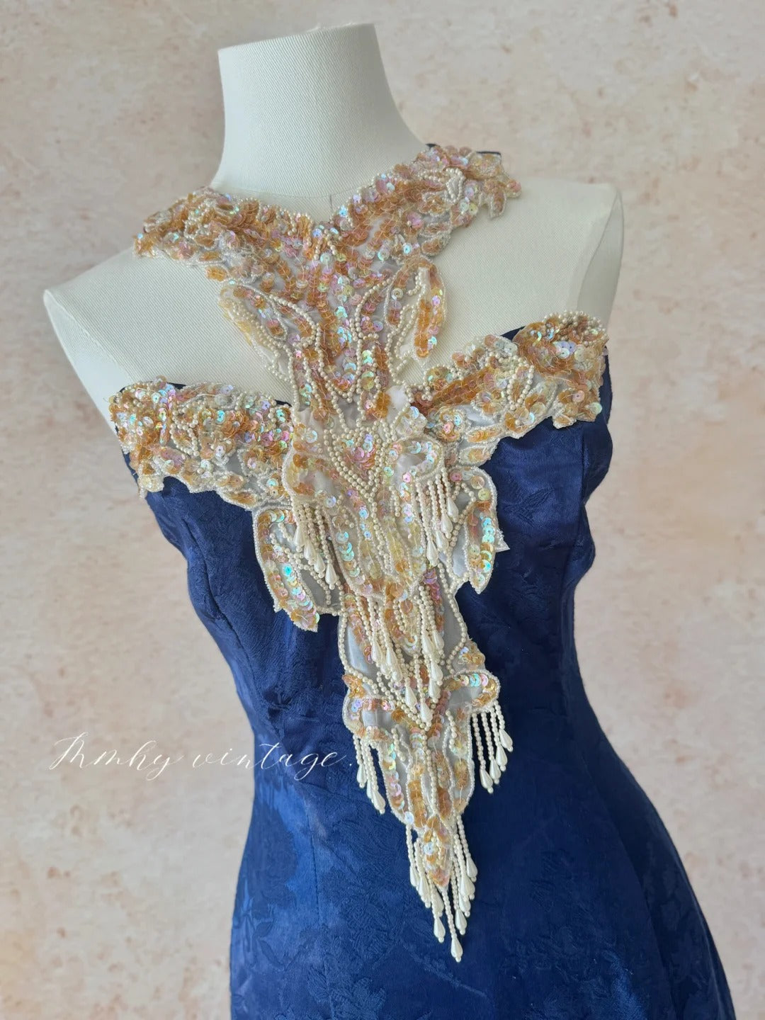 Blue Retro Elegant Halter Neck Exquisite Sequins Pearl Tassel Long Slim Sexy Prom Dress Evening Dress Adult Ceremony Dress Birthday Dress Prom Dress nv4098