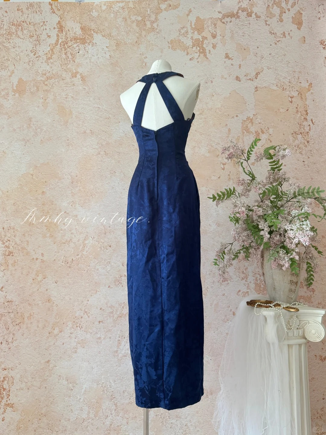Blue Retro Elegant Halter Neck Exquisite Sequins Pearl Tassel Long Slim Sexy Prom Dress Evening Dress Adult Ceremony Dress Birthday Dress Prom Dress nv4098