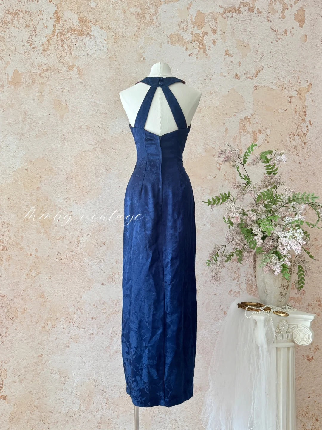 Blue Retro Elegant Halter Neck Exquisite Sequins Pearl Tassel Long Slim Sexy Prom Dress Evening Dress Adult Ceremony Dress Birthday Dress Prom Dress nv4098