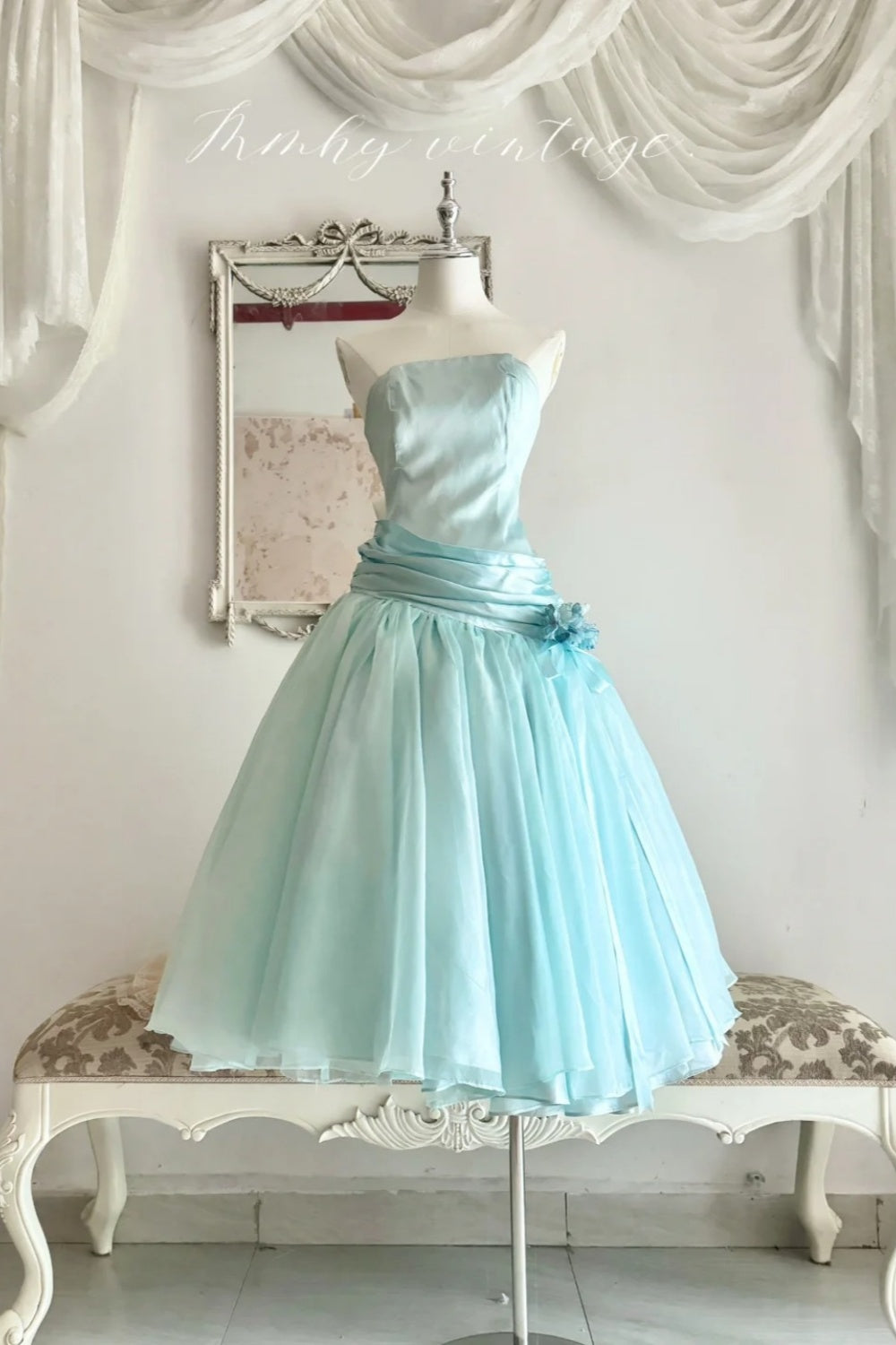 Mint Green Strapless Satin Tea-Length Party Dress  NV6544