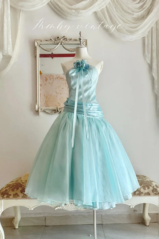 Mint Green Halter Satin Tea-Length Party Dress with Floral Detail  NV6545