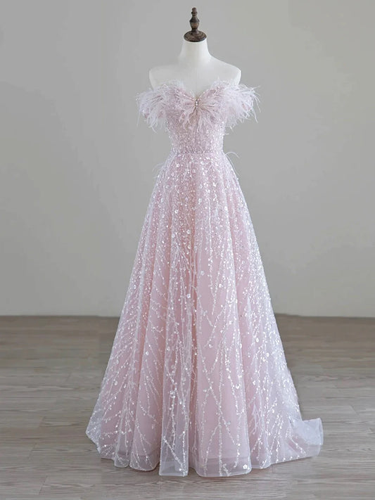 Funkelndes langes Ballkleid aus Tüll mit Pailletten, schulterfreies rosa Abendkleid nv1650