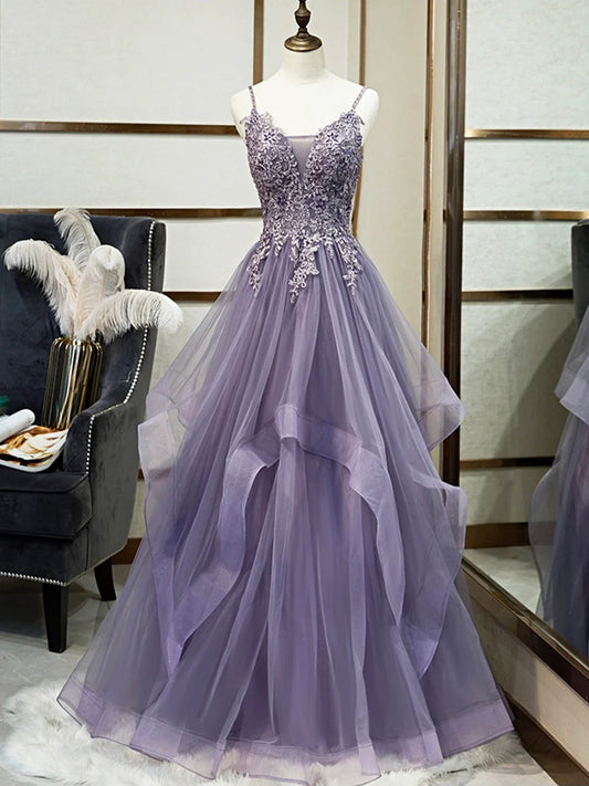 Robe de bal en dentelle à bretelles spaghetti violette, jolie robe de soirée longue en tulle avec corset nv1426