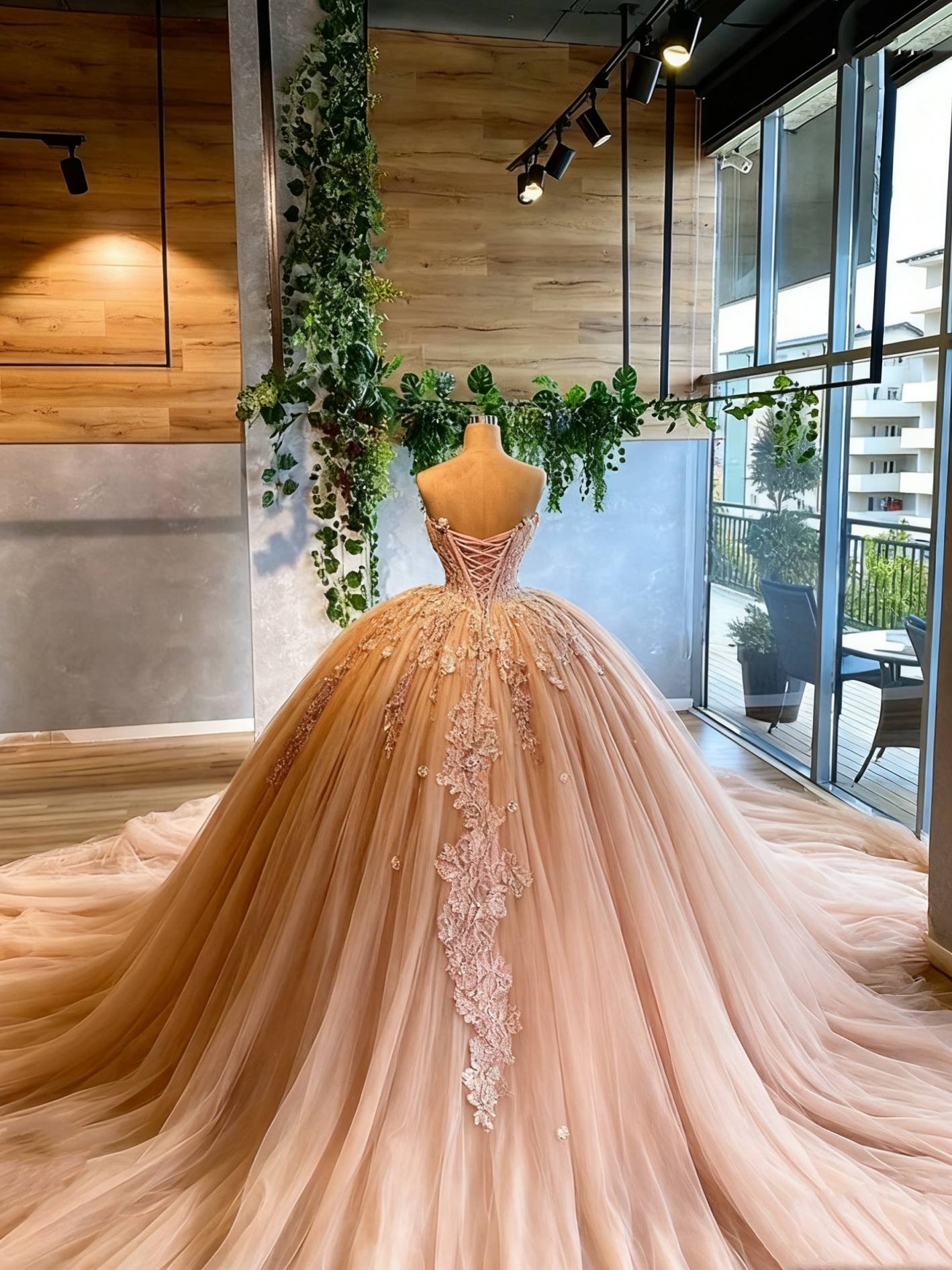 Warm Apricot Garden Strapless Lace Ball Gown Evening Dress NV6564