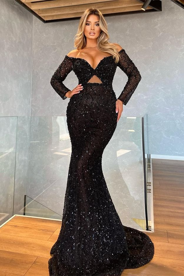 Black Long Sleeves V-Neck Mermaid Prom Dress With Sequins nv47