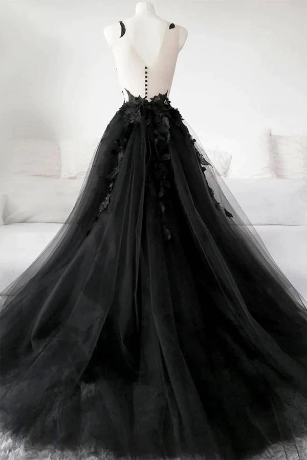 Black Lace Tulle Long Prom Gown Black Evening Dress nv42