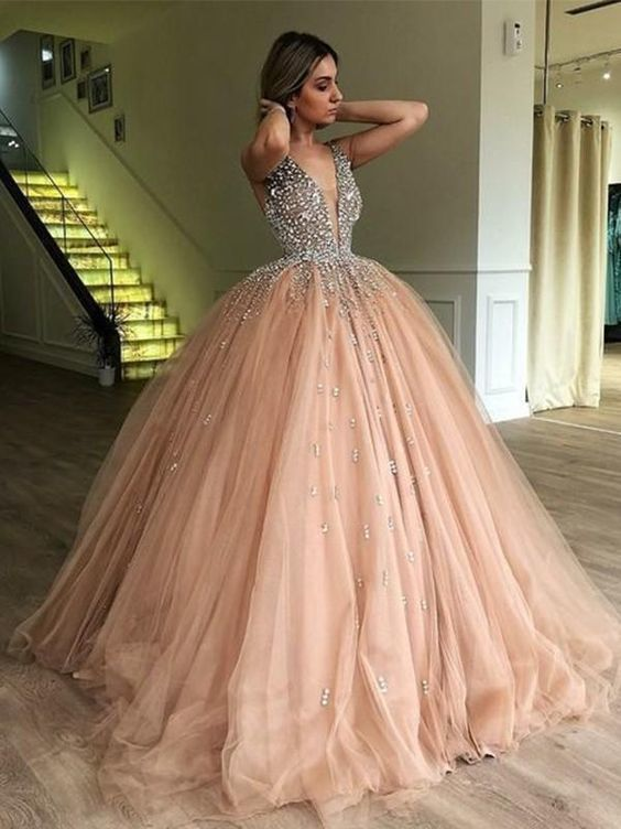 Ball Gown Deep V-Neck Sweep Train Light Champagne Tulle Prom Dress with Beading nv24