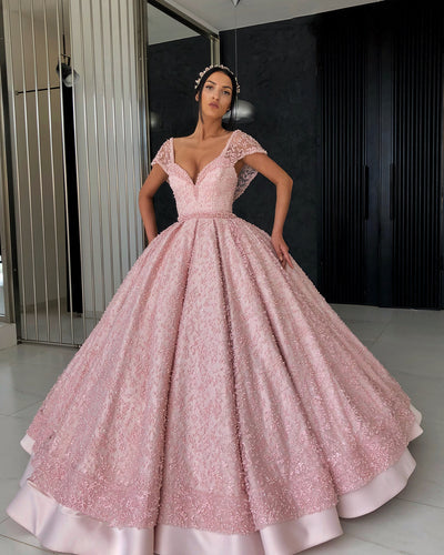 Ball Gown V-neck Floor Length Organza Beaded Crochet Flower Prom Dress nv33