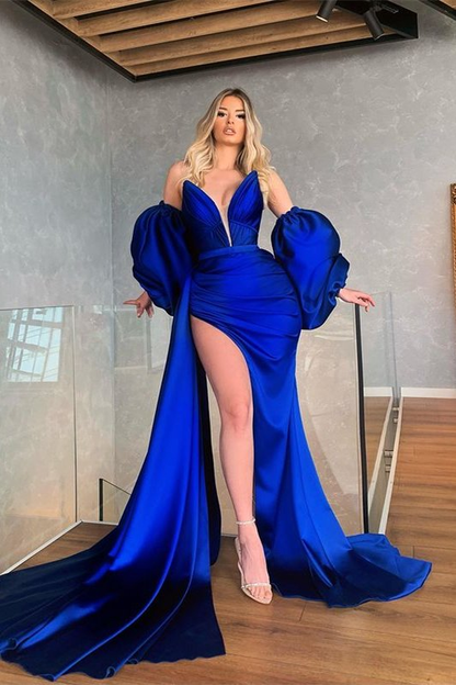 Amazing Royal Blue Removable Sleeves Mermaid Prom Dress With Slit nv20