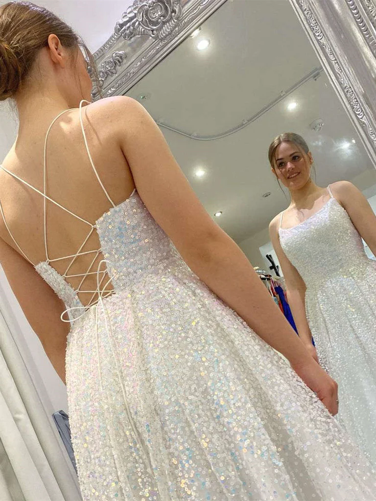 Shiny Sequins Open Back Ivory Long Prom Dresses, Sparkly Ivory Formal Graduation Evening Dresses nv831
