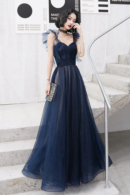 Dark blue sweetheart tulle long prom dress blue tulle formal dress nv615