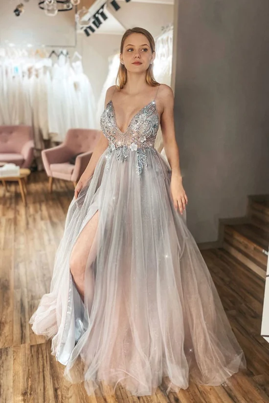 Unique v neck tulle lace beads long prom dress tulle formal dress nv864