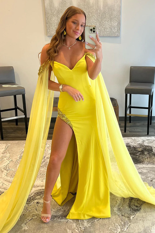 A Line Off the Shoulder Yellow Long Prom Dress with Slit nv702