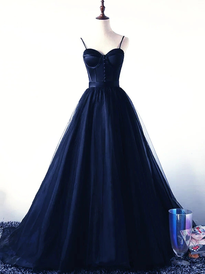 Charming Navy Blue Tulle and Satin Straps Long Party Dress, Navy Blue Prom Dress nv609