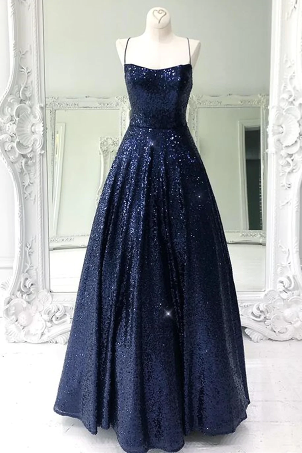 Sparkly Backless Navy Blue Long Prom Dresses, Open Back Long Navy Blue Formal Evening Dresses nv620