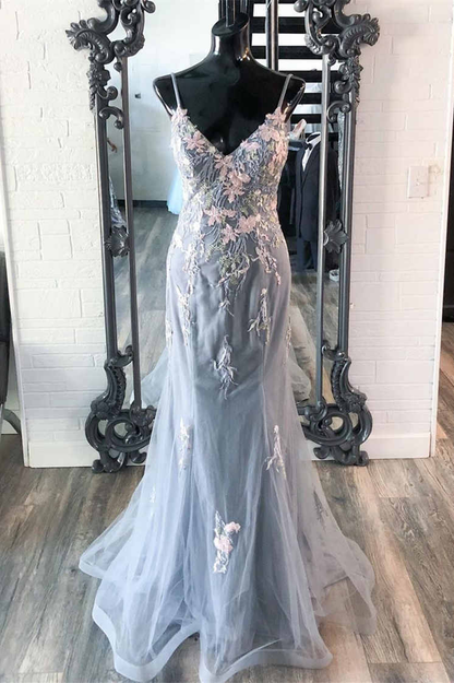 Elegant Mermaid Grey Prom Dress with Embroidery nv866