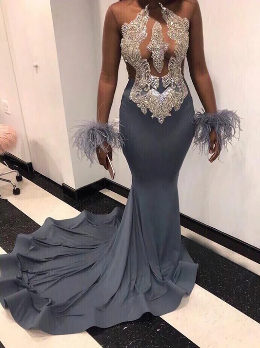 Long Sleeves 2024 Grey Beaded Mermaid Backless Feathers Long Prom Dresses nv848