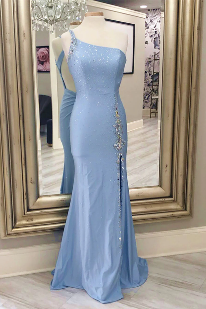 Mermaid Light Blue One Shoulder Prom Dress with Beads nv855