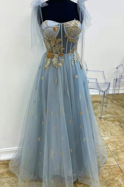 A-line blue and gold appliqed long formal dress prom dress nv591