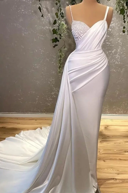 Robe de soirée sirène blanche à bretelles spaghetti longue avec perles nv853
