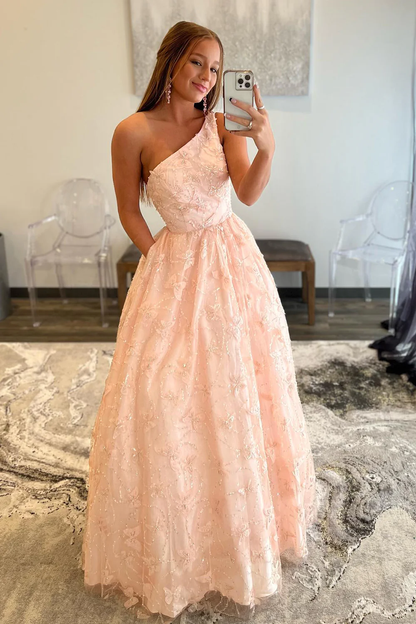 Light Pink One Shoulder Appliques Prom Dress with Pockets nv689