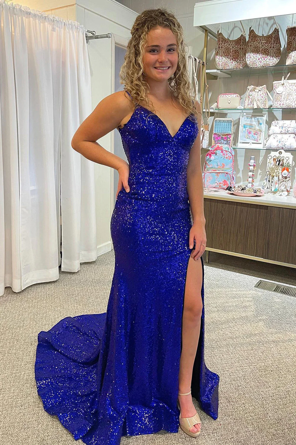 Mermaid Spaghetti Straps Royal Blue Sequins Long Prom Dress with Split Front nv678