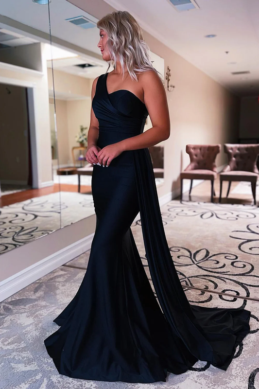 Black One Shoulder Mermaid Prom Dress nv691